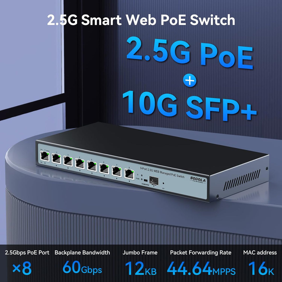 8 Port 2.5G Web Managed PoE Switch 120W|1X 10G SFP+&amp;4 x 2.5GBase-T PoE Ports, Max 90W PoE Output, IE