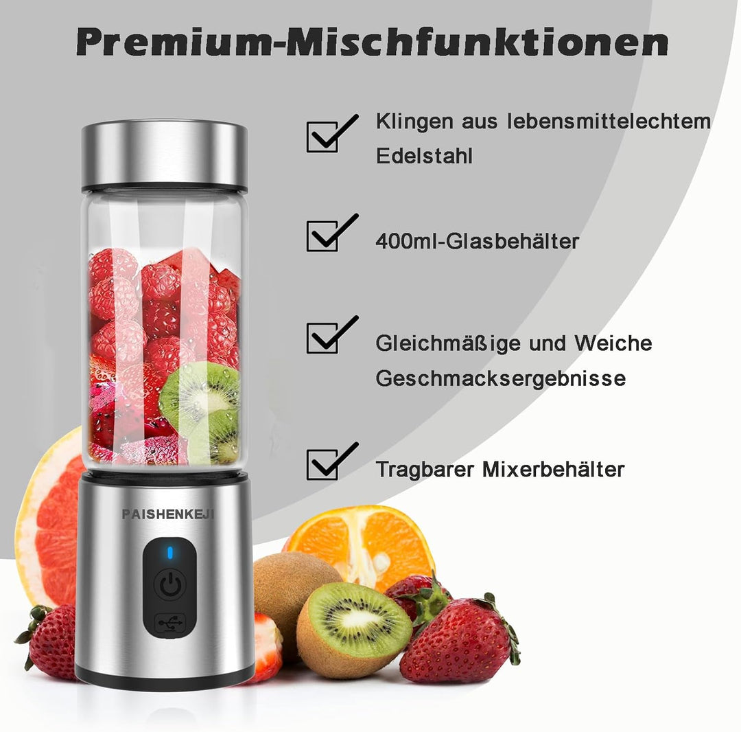 Mini Mixer Glas Smoothie Maker - Standmixer, Tragbarer Mini Blender, Smoothie Maker to go, 400ml Tra
