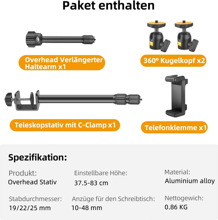 OS03 Tischstativ Kamera, 37-83cm Einstellbar Overhead Stativ Webcam, Kamera Tischhalterung mit Boom