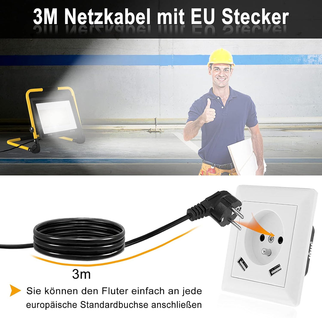 LED Flutlicht Baustrahler Tragbare 200W Warmweiss - inkl. Standgestell und Tragegriff- Aussenleuchte