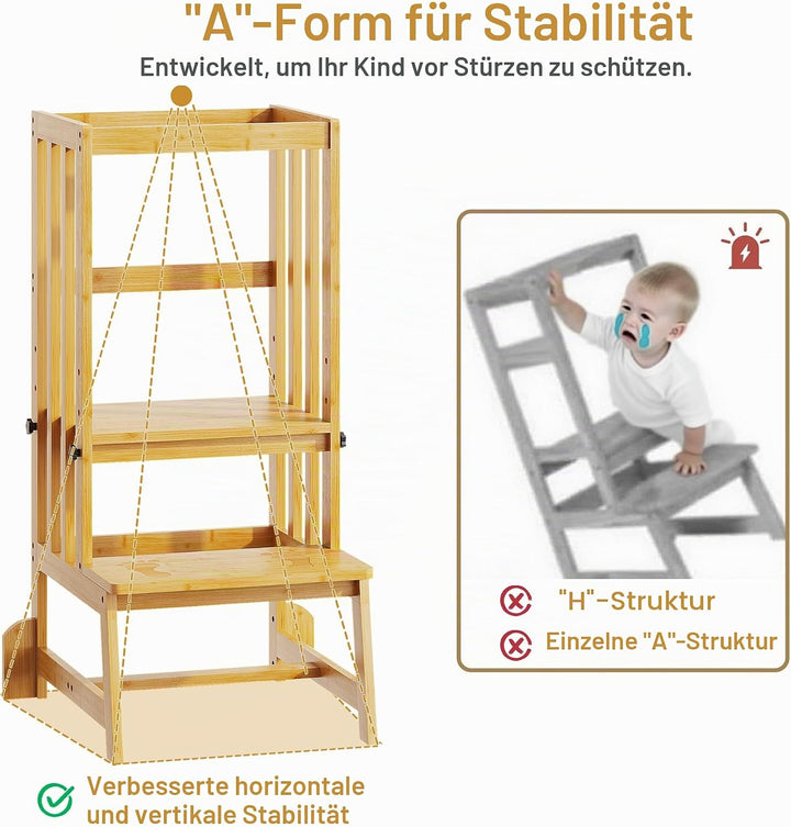 Lernturm Kinder ab 2 Jahr Höhenverstellbar Bambus,Lernstuhl,Lernturm Hauck mit Rausfallschutz aus Ho