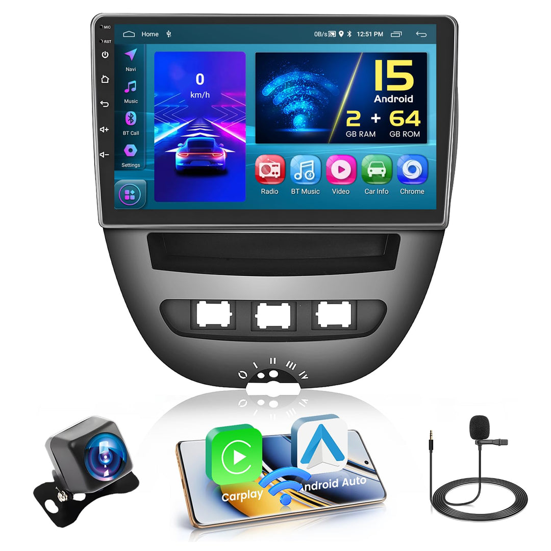 Hikity 2+64G Android 15 Autoradio für Toyota Aygo/Peugeot 107/ Citroen C1 2005-2014 Radio Wireless C
