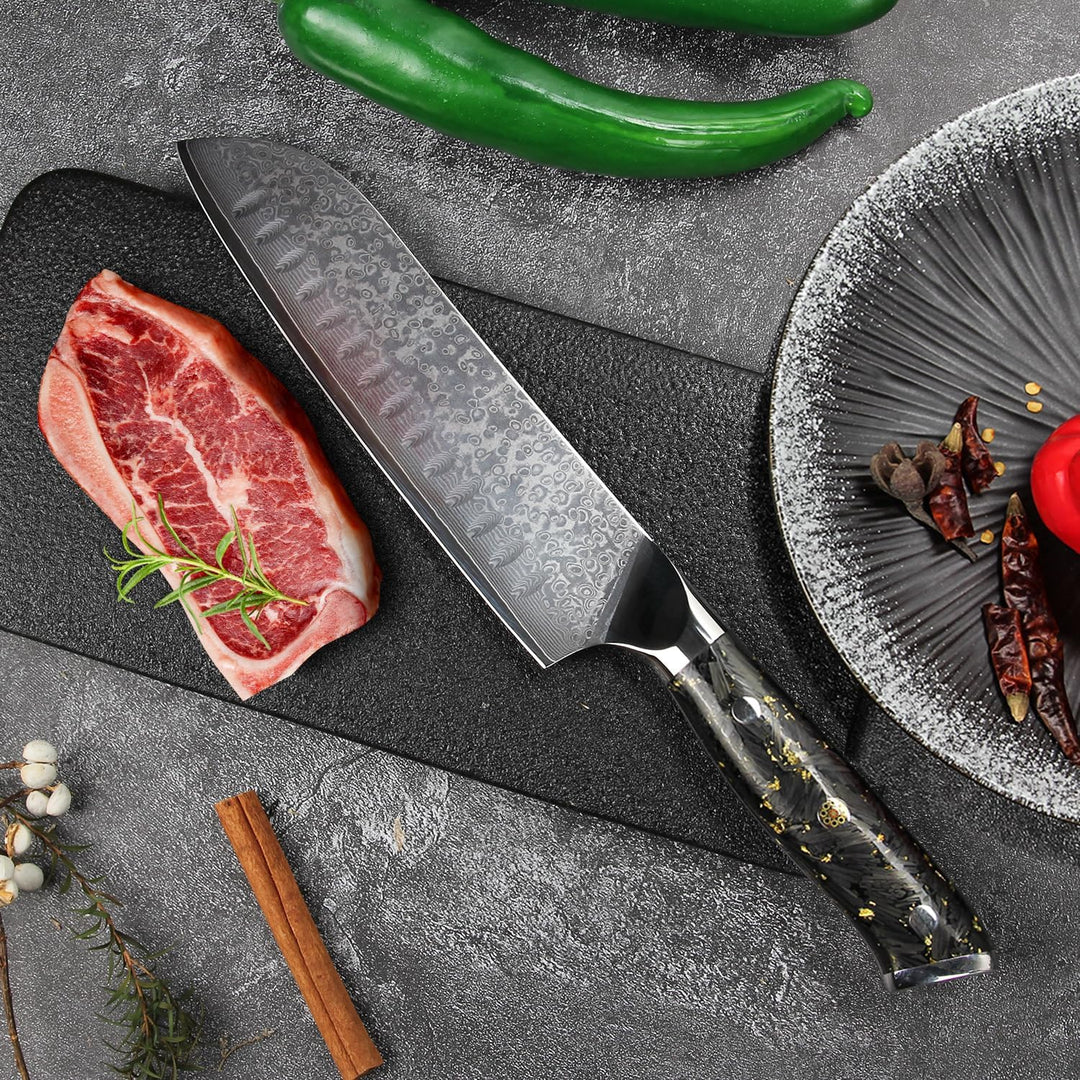 Home Safety Santoku Messer Damast - Damastmesser Profi Kochmesser I extra Scharfes 17.8cm Klinge aus