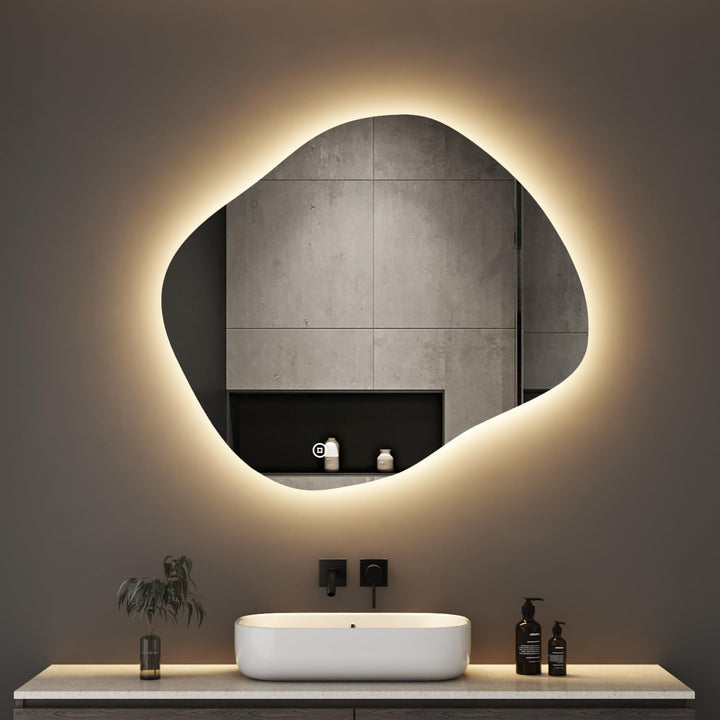 Boromal Asymmetrischer Spiegel mit Beleuchtung, Badspiegel mit Beleuchtung 84x74cm Badezimmerspiegel