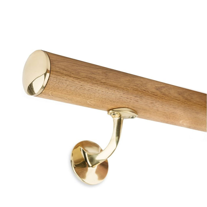 Handlauf Set Holz Eiche 45mm rund inkl. Messingkappe und Halter (120 cm) 120 cm + 2 Halter, 120 cm +