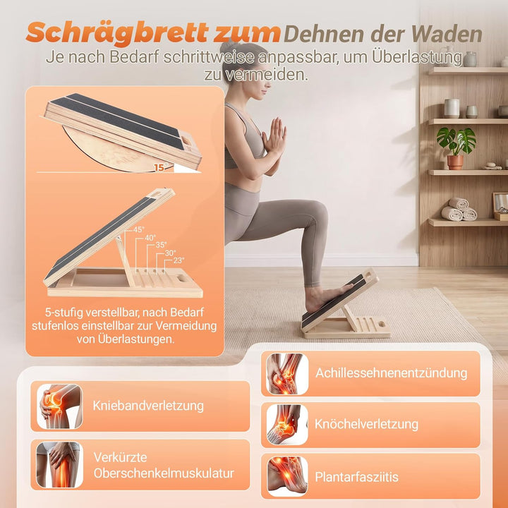 2 in 1 Balance Board &amp; Slant Board, Verstellbar Wadendehner Schrägbrett Holz mit 2 Widerstandsbänder