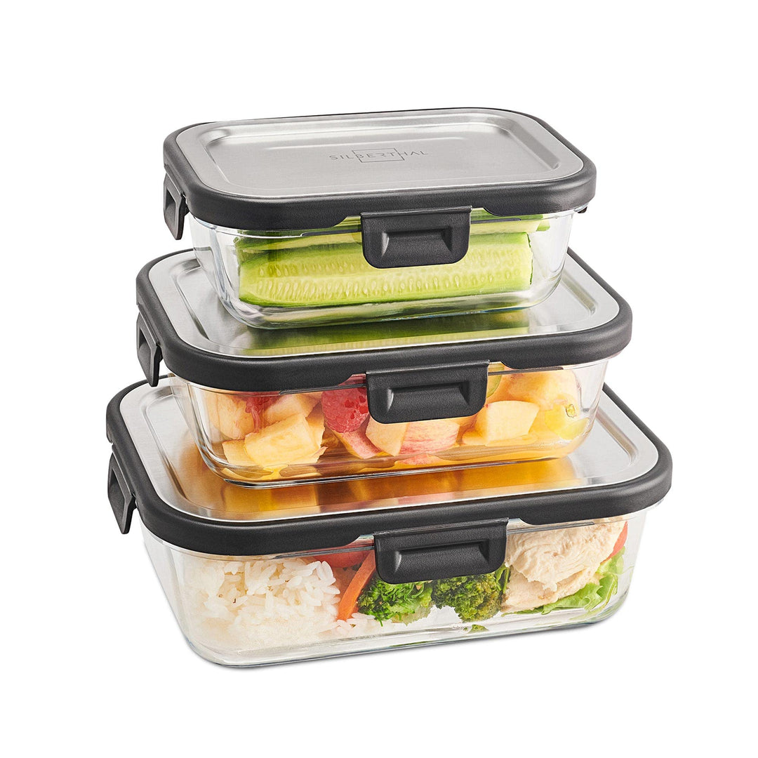 SILBERTHAL Frischhaltedosen Set Glas mit Edelstahl Deckel - Luftdicht - 3er Set - Grössen 1L, 600ml