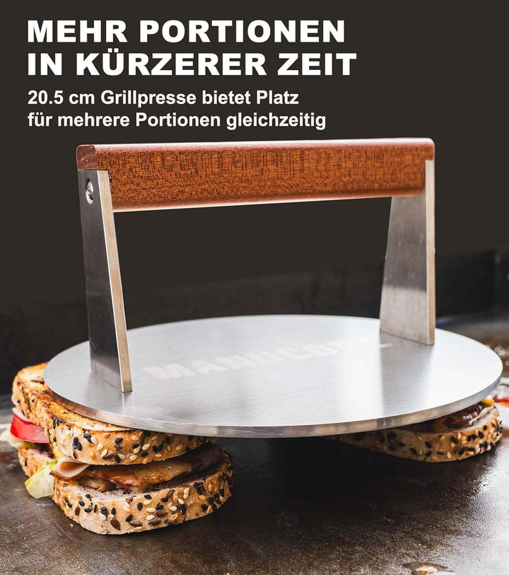 Manucode Pro-Grade 20,5cm Edelstahl Grillpresse – 1,42kg Hochleistungs-Burgerpresse mit Nicht verdre