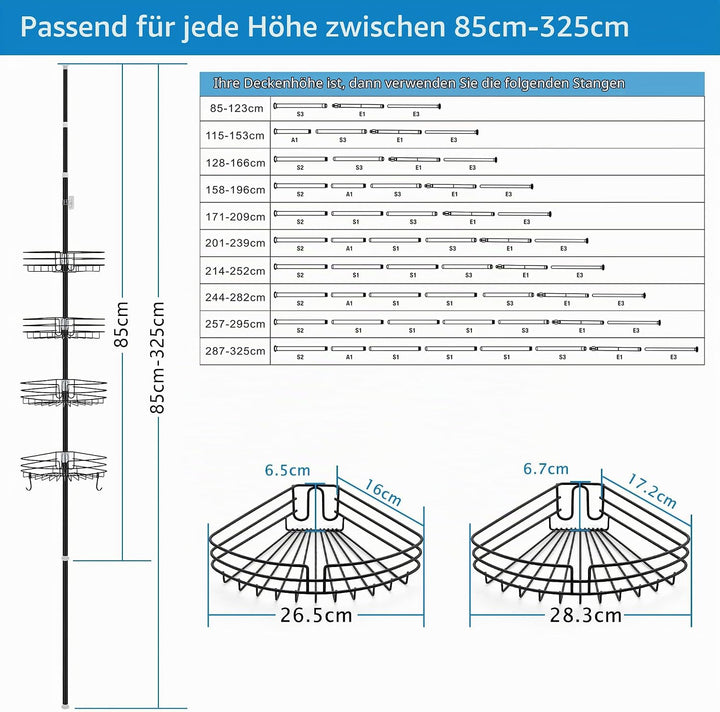 Teleskop Duschregal ohne Bohren Duschablage Ecke Metall Eckregal Bad Badregal Organizer Höhenverstel