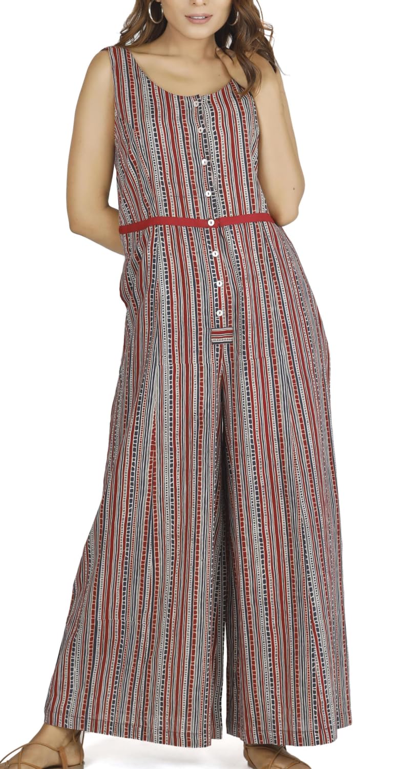 GURU SHOP Sommerliche Latzhose, Ethno Style Oversize Einteiler, Blockdruck Overall, Damen, Baumwolle