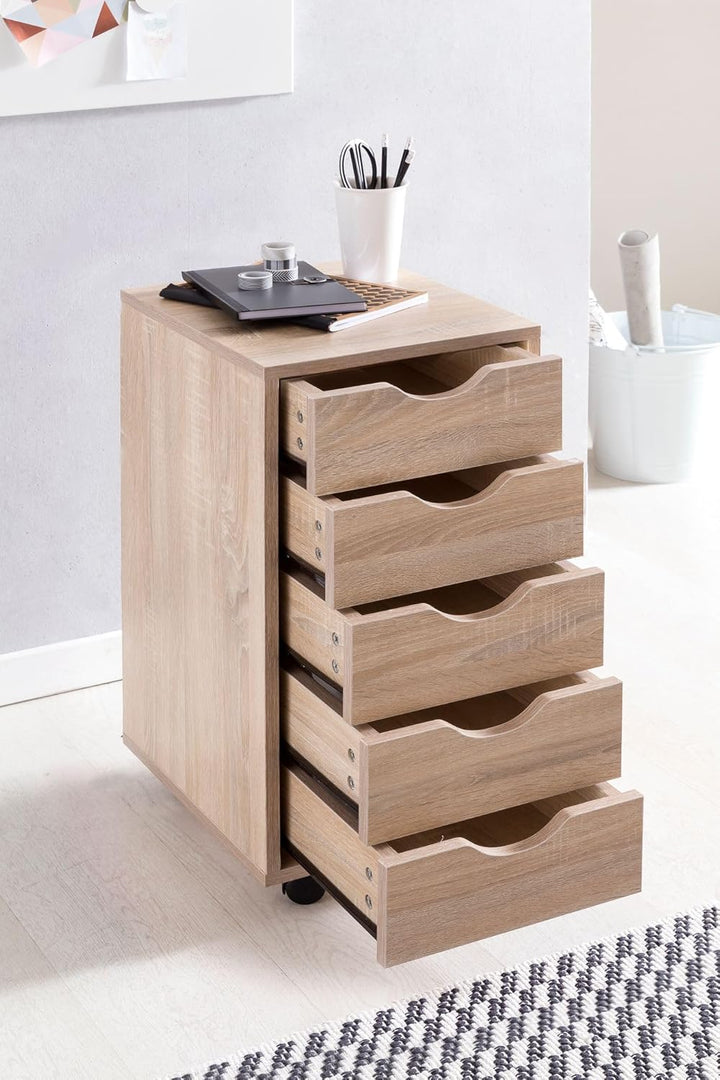 Rollcontainer 33 x 64 x 38 cm MDF-Holz 5 Schubladen Sonoma | Moderner Schubladencontainer mit Rollen