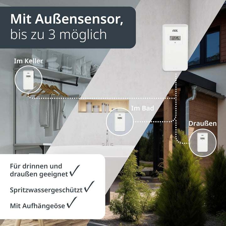 ADE Wetterstation Funk mit Aussensensor | Innen- und Aussentemperatur mit Wettervorhersage | Hygrome