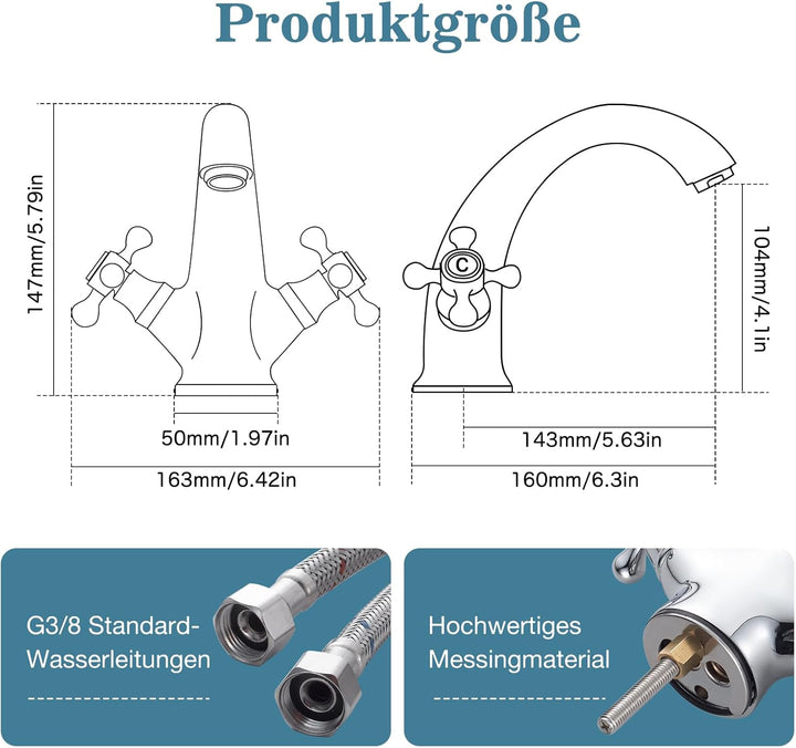 Wasserhahn Bad Mischbatterie, Bad Armaturen Chrom Waschtischarmatur aus Messing, Waschbeckenarmatur