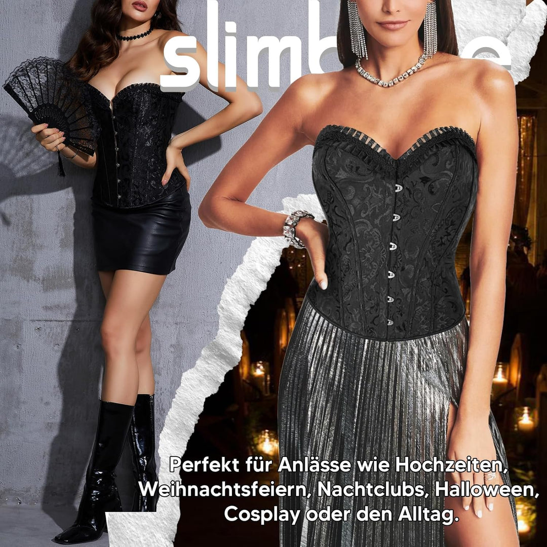 SLIMBELLE Damen Vintage Überbrust Korsett Klassische Bustier Stahlknochen Lace Up Sexy Top mit G-Str