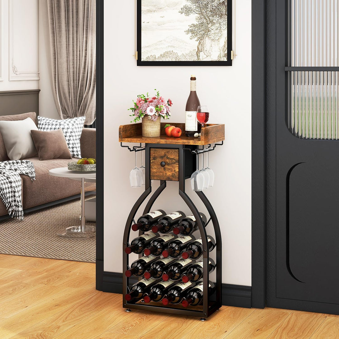 IBUYKE Weinregal Freistehend für 15 Flaschen,Flaschenregal mit Glashaltern und Speicher Schublade,Mi