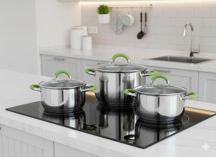 3er Edelstahl Kochtopf-Set 16 + 18 + 20cm mit Glasdeckel Induktion Ausgiessfunktion mit grünen Silik