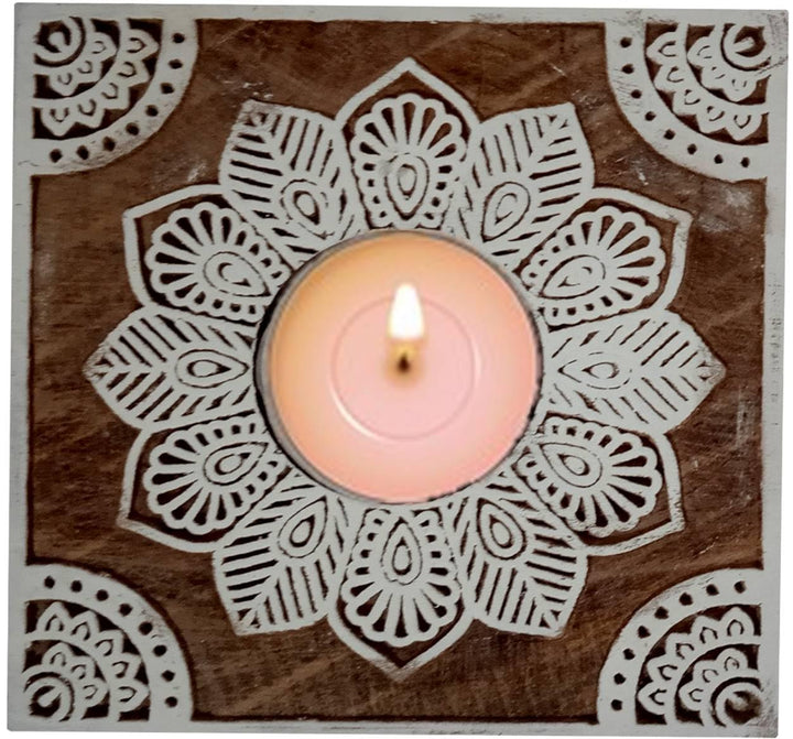 Purpledip 12509 Kerzenhalter aus Holz mit einzigartigem Rangoli-Design