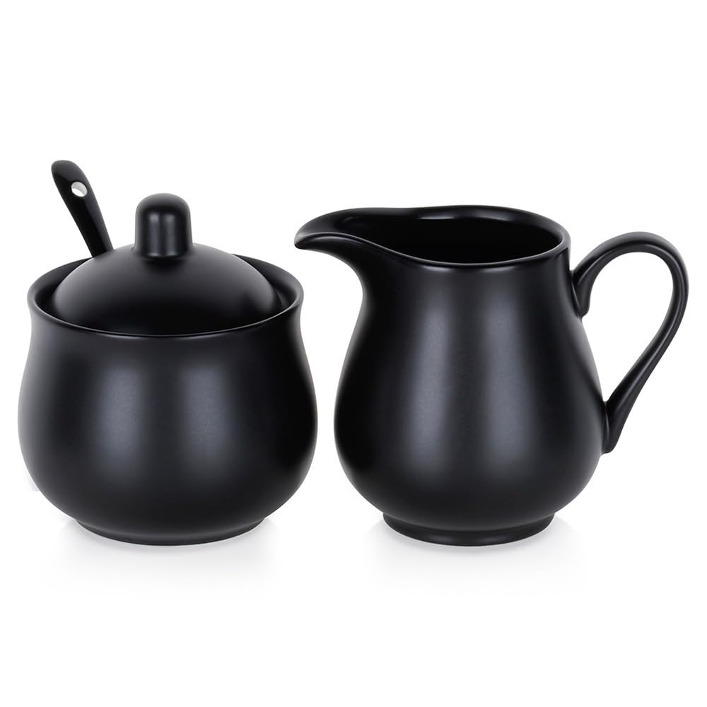 Vilde Milchkännchen und Zuckerdose Set aus Porzellan 2-teilig mit Deckel Löffel Schwarz - Modern Kaf