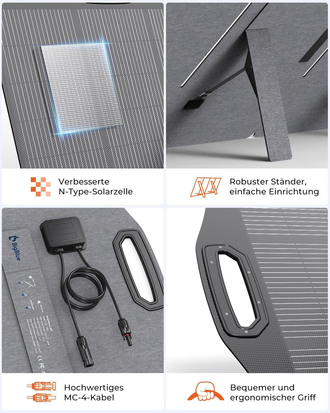 [N-Type Solarzelle] BigBlue 200W Solarpanel ETFE, Faltbares Solarmodul mit 5 Anschlussart für Tragba