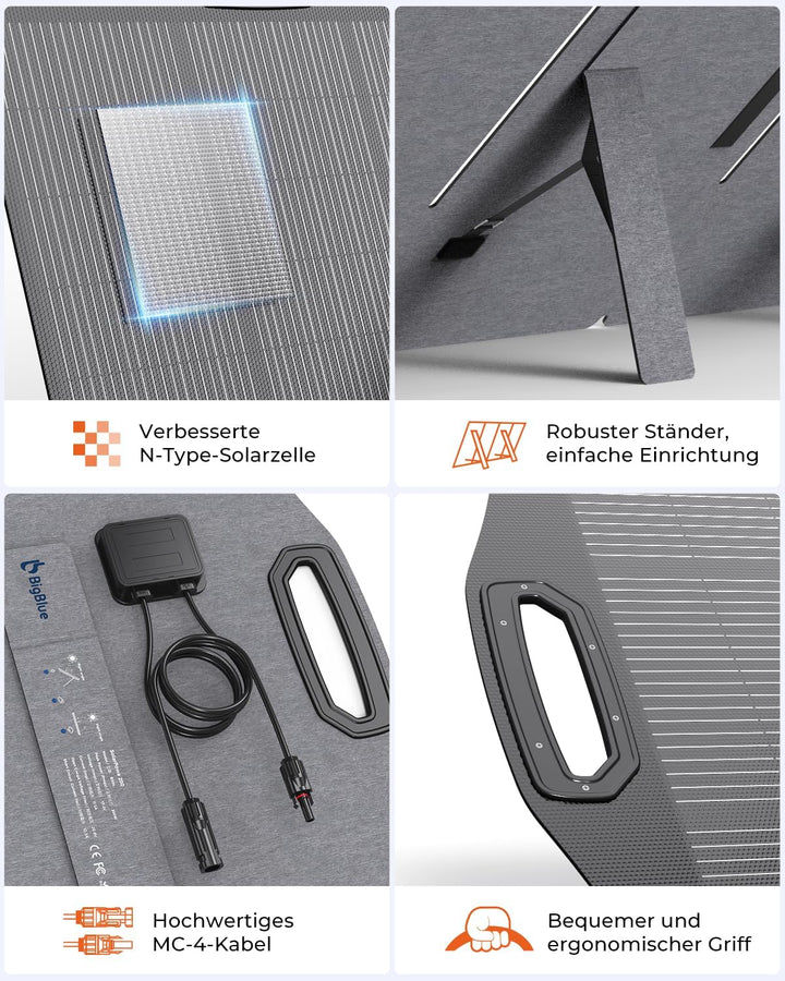[N-Type Solarzelle] BigBlue 200W Solarpanel ETFE, Faltbares Solarmodul mit 5 Anschlussart für Tragba