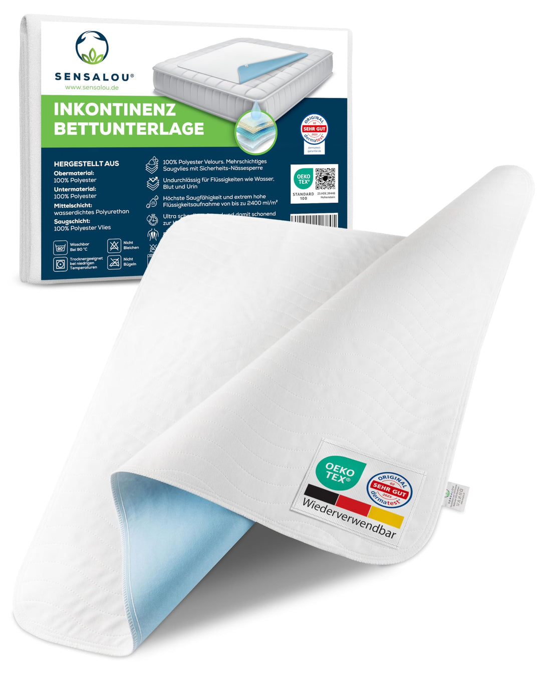 Sensalou Matratzen Auflage 75x90 cm - 2 Stück wasserdicht, waschbar - Inkontinenz Matratzenschutz Un