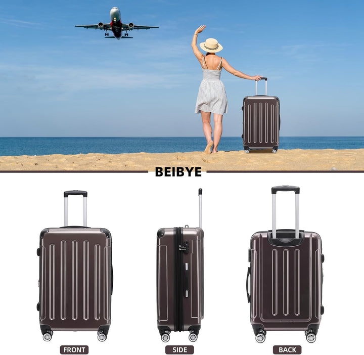 BEIBYE- 3er Kofferset Hartschalen-Koffer Reisekoffer Trolley Rollkoffer Set Reisekofferset (Coffee),