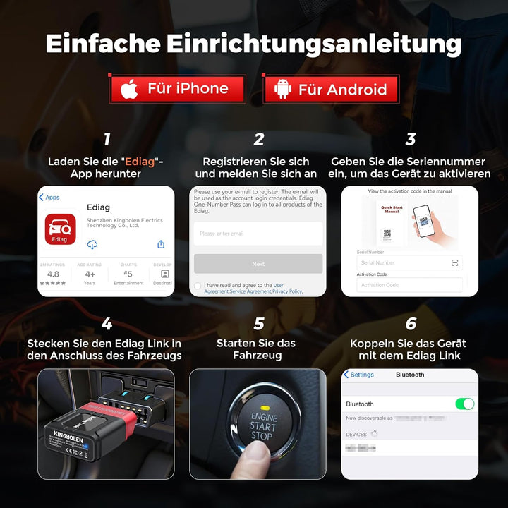 2026 KINGBOLEN Ediag Link OBD2 Diagnosegerät Bluetooth,Profi kfz Tester für Vollständige System,diag