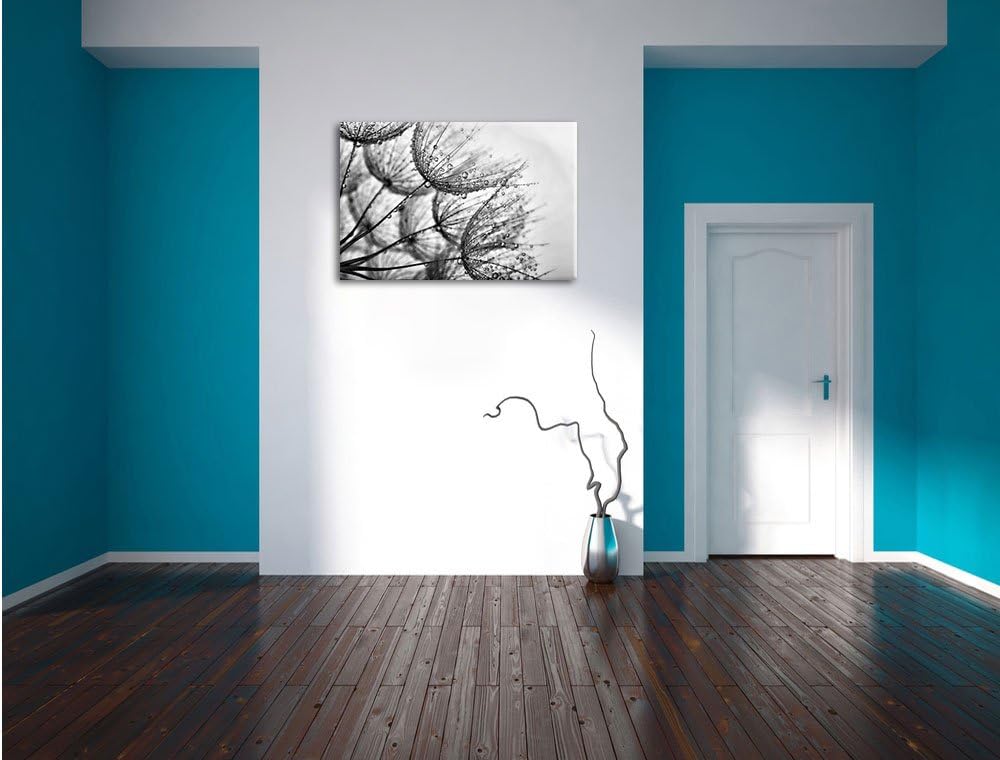 Pixxprint Monocrome, Tropfen bedeckte Pusteblumen, Format: 100x70 auf Leinwand, 100x70
