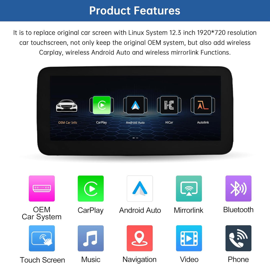 Road Top 12,3 Zoll Ultra-schmal Autoradio Touchscreen Drahtlos CarPlay Android Auto für Mercedes Ben