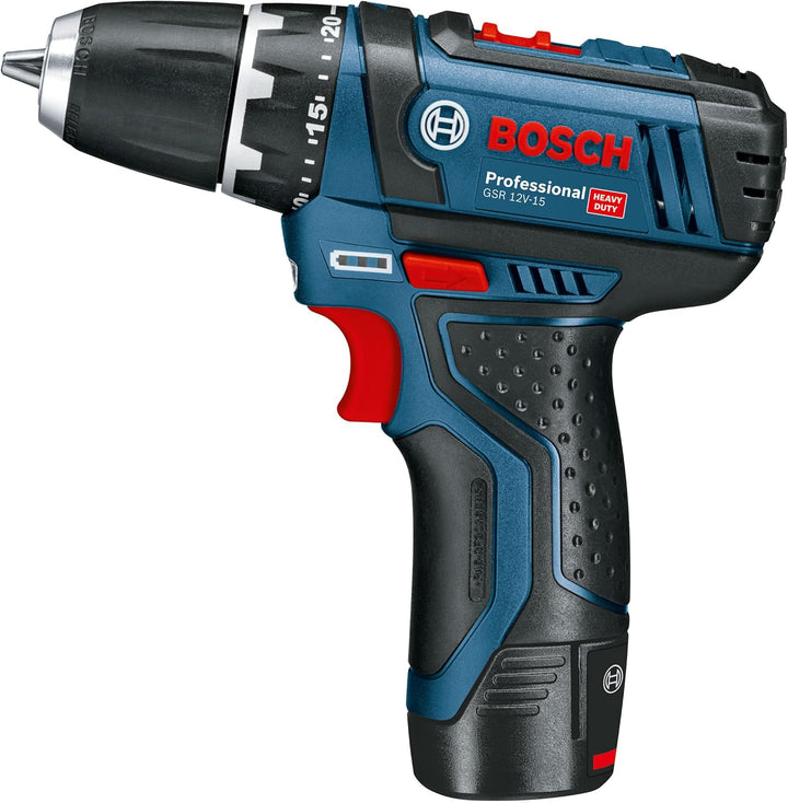 Bosch Professional 12V System Akku Bohrschrauber GSR 12V-15 (inkl. 39 tlg. Zubehörset, 2.0Ah Akku, 4