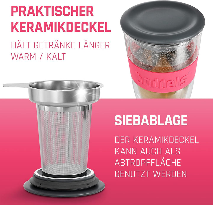 Glasbecher 380ml – Teebecher mit Sieb+Deckel, doppelwandig, Teetasse mit Edelstahl-Sieb, Keramik-Dec