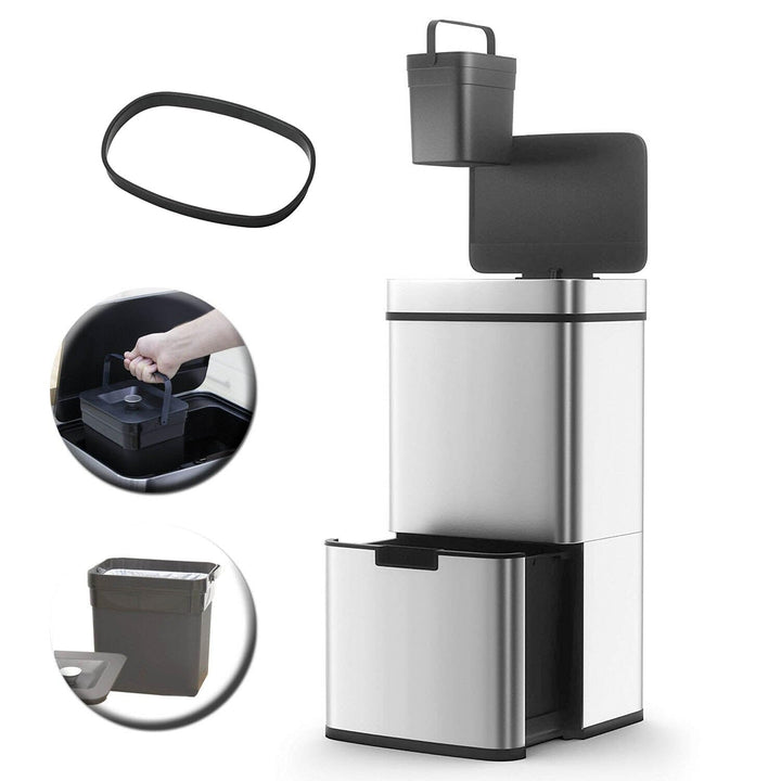 NARVIK Automatic Kitchen Bin Double Compartment 75l Edelstahl Recycling grosse Kapazität und 3l Tabe