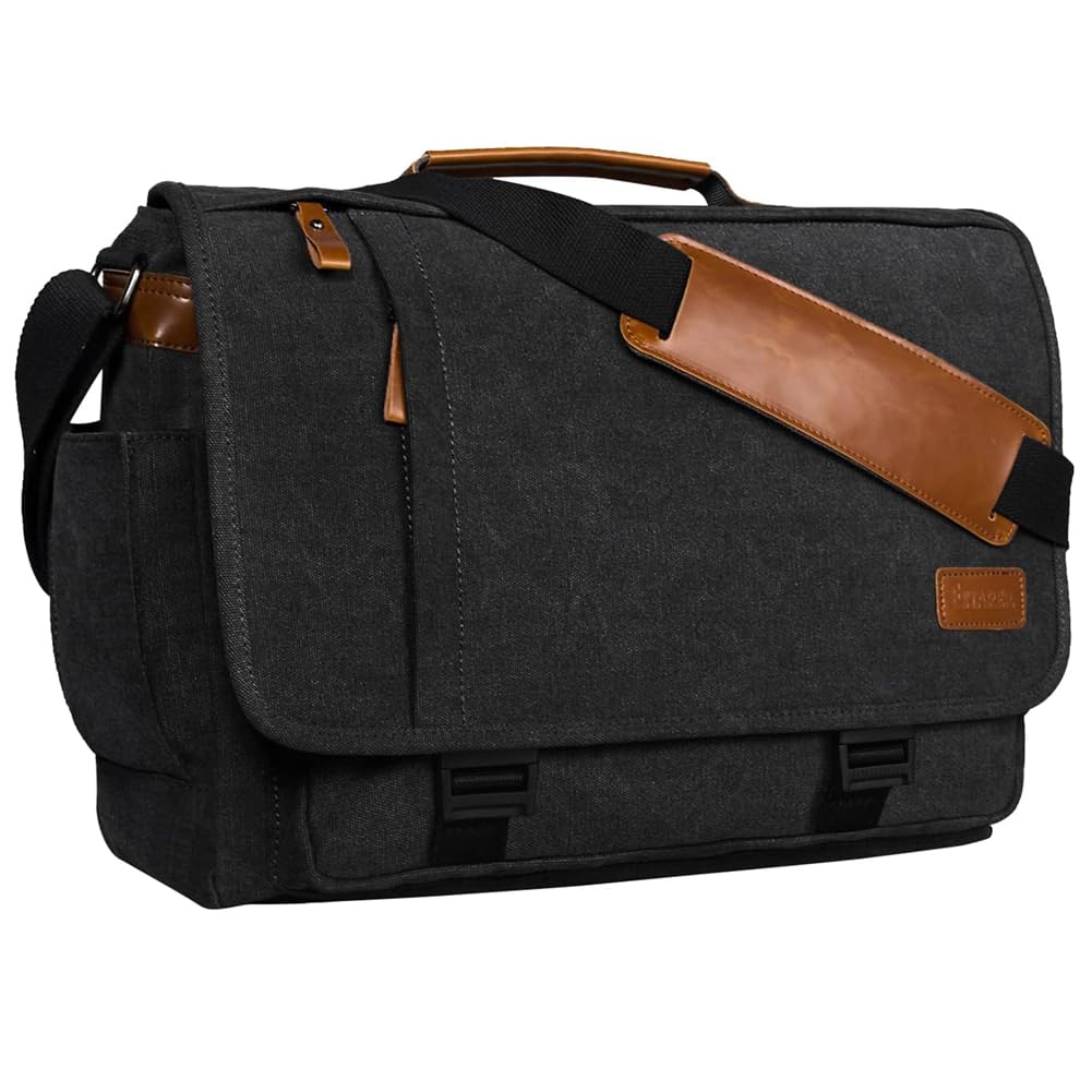 ESTARER Laptoptasche 17 Zoll Umhängetasche Canvas für Arbeit Uni aus Canvas SCHWARZ 17.3 Zoll Schwar