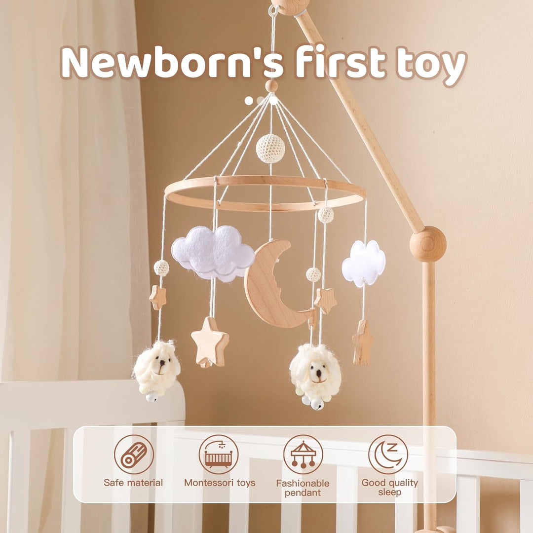 Promise Babe Baby Mobile Holz Schaf Baby Windspiele mit Filzkugeln Holz Stern Mond Baby Mädchen Mobi