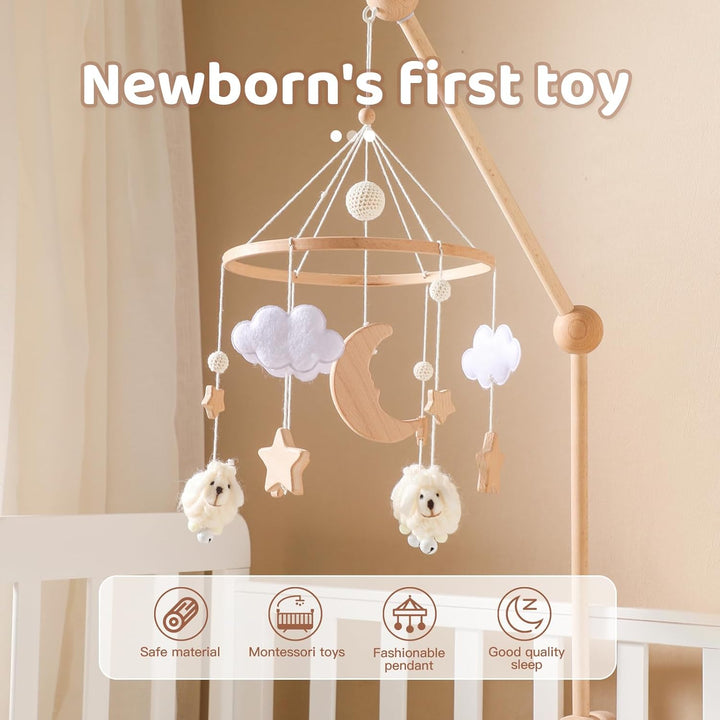 Promise Babe Baby Mobile Holz Schaf Baby Windspiele mit Filzkugeln Holz Stern Mond Baby Mädchen Mobi
