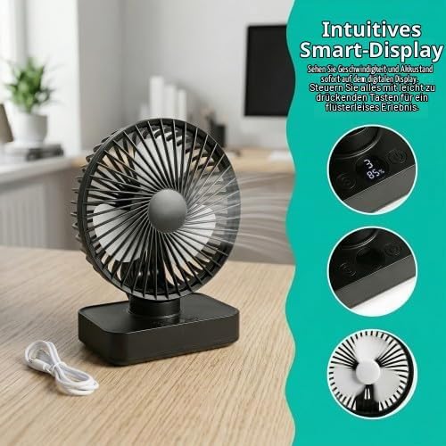 Tischventilator Leise Automatisch Oszillierend, 4000mAh Akku USB 5 Geschwindigkeiten LED-Digitalanze