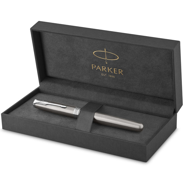 Parker Sonnet Tintenroller | Edelstahl mit Palladiumzierteilen | feine Spitze | Schwarze Tinte | Ges