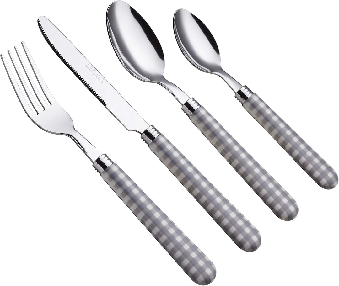 EXZACT Edelstahl-Besteck Set 24 Stück - Gingham Farbige Griffe - 6 x Tafelgabeln, 6 x Tafelmesser, 6