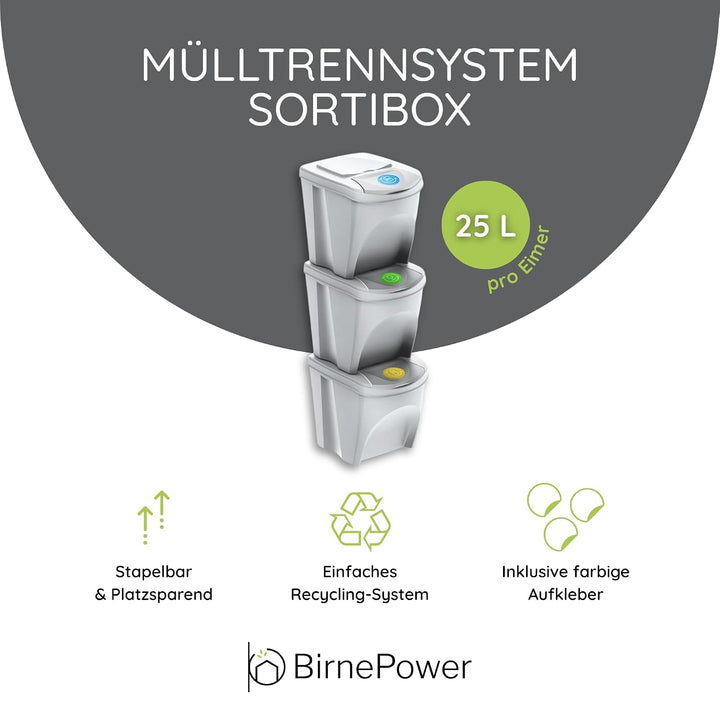 BirnePower Mülleimer Müllbehälter Abfalleimer 75L Set 3 x 25L Mülltrennsystem Behälter Sorti Box mit