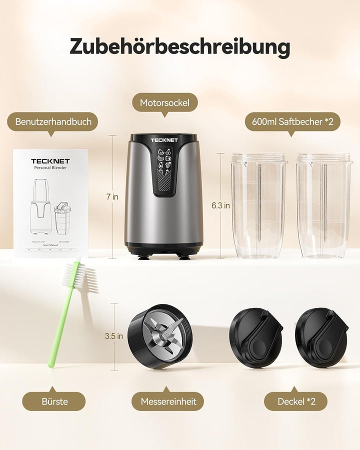 TECKNET 1000W Smoothie Maker, Standmixer mit 2 BPA-freie 600ml Tragbare Becher, Klein mit Kreuzkling