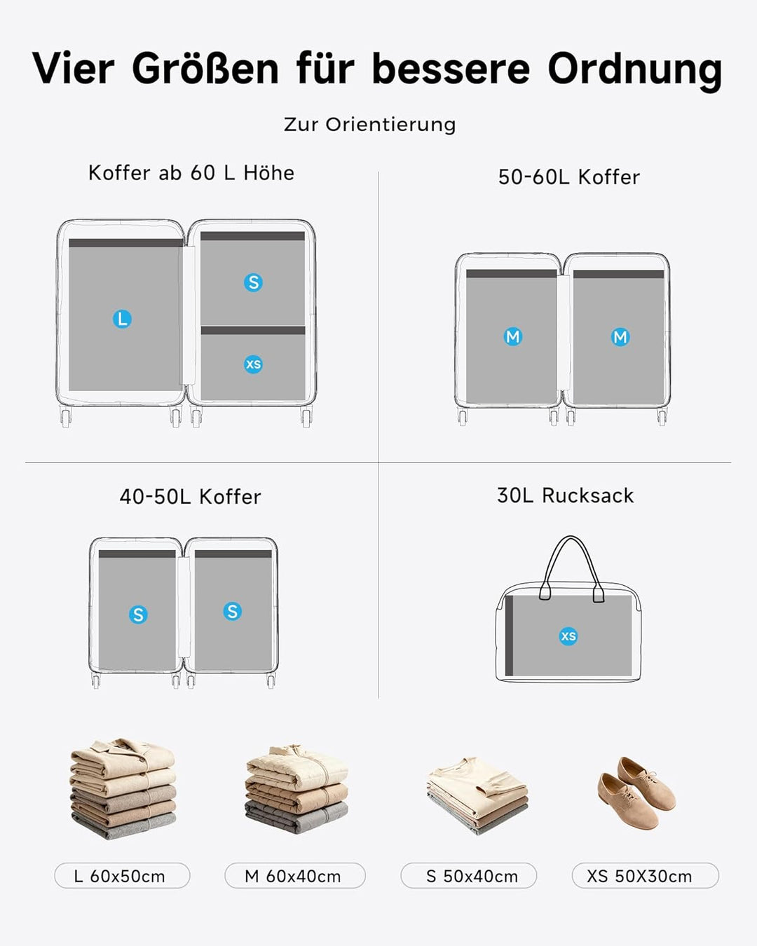 Vakuumbeutel für kleidung mit kabellose Vakuumpumpe, 16 Stück in 4 Grössen (60×50 cm / 60×40 cm / 50