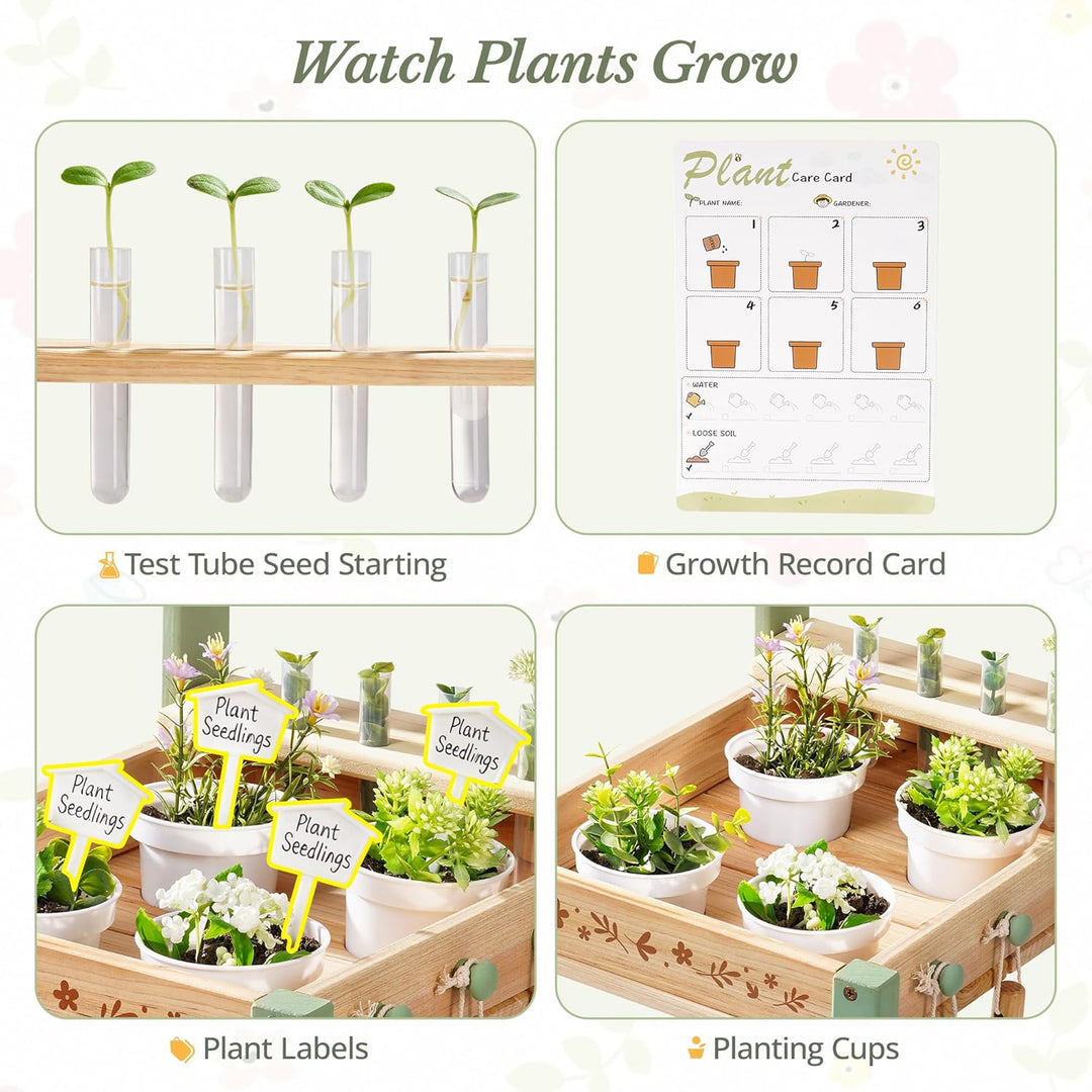 ROBUD Kinder Gartengeräte mit Holzwagen, Gartenwerkzeug mit Giesskanne, Schaufel, Handrechen, Pflanz