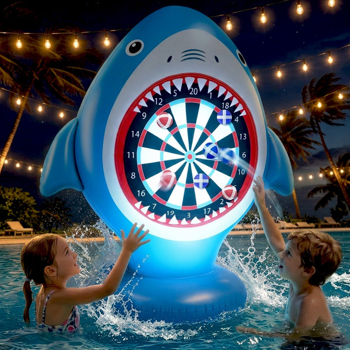 Aufblasbare Dartscheibe Hai für Pool, Wurfspiel mit 10 Klettbällen, Wasserspielzeug für Kinder & Erw