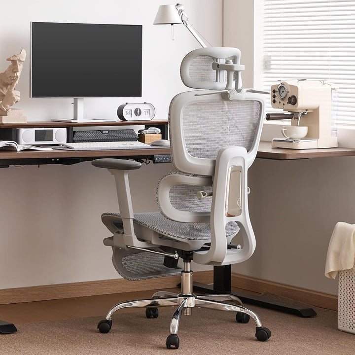 Ergonomischer Bürostuhl mit Fussstuhl &amp; 3D Armlehnen - Gaming Stuhl mit 5-Fach Höhenverstellung, 2D