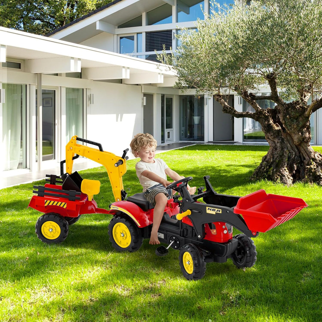 COSTWAY Trettraktor, Kinder Traktor mit Abnehmbarer Anhänger &amp; Grabschaufel, Kindertraktor bis 35 kg