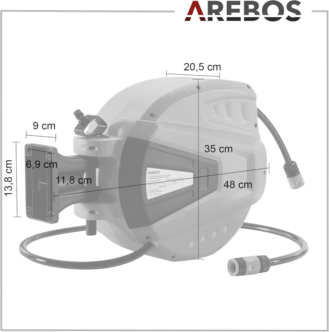 Arebos Schlauchaufroller | 20 m Schlauchtrommel | Wand-Schlauchbox mit Arretierstop & 9 Sprühunktion