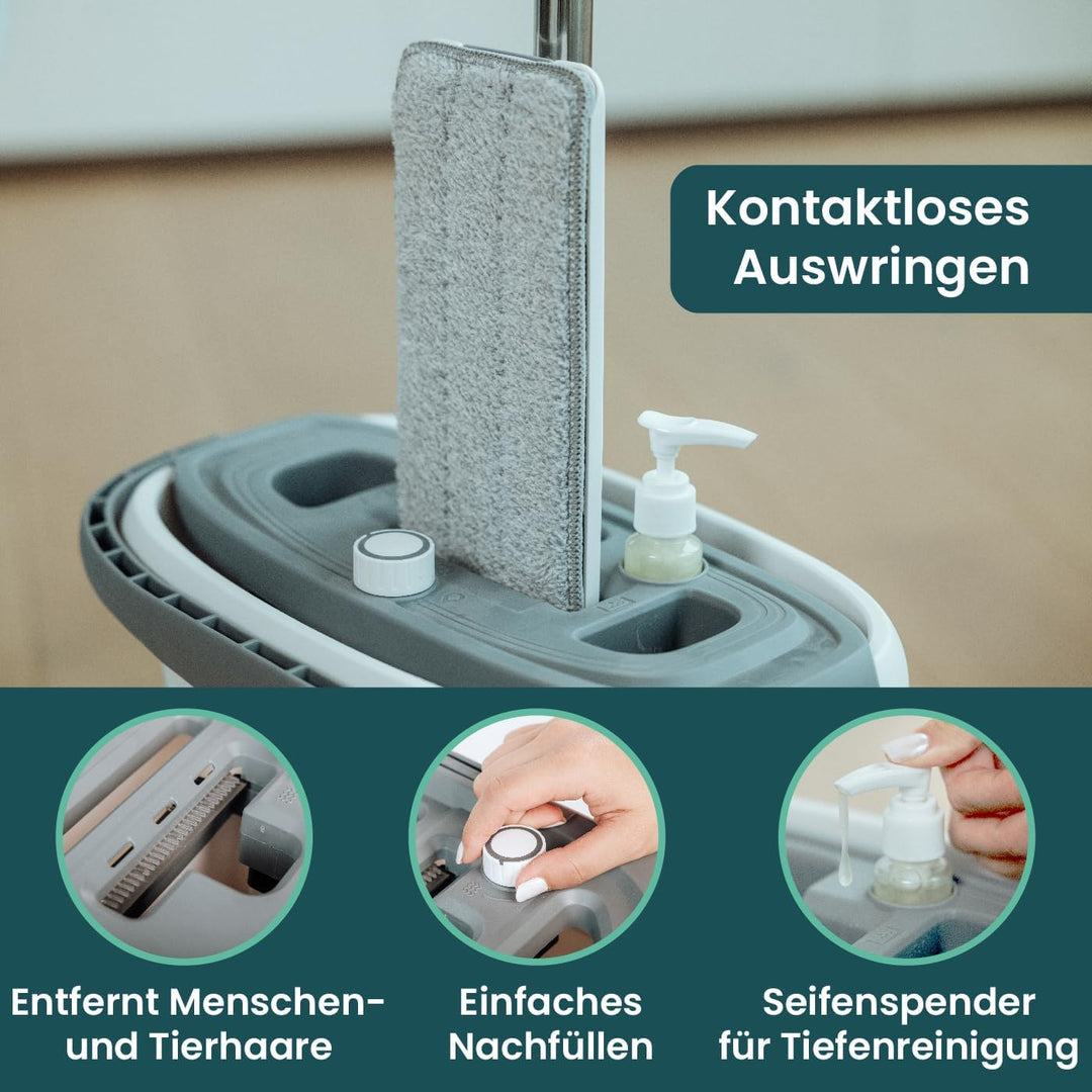 Wischmopp Set mit Eimer – Bodenwischer mit 3-Kammersystem - Wischer mit grossvolumigen Putzeimer - M