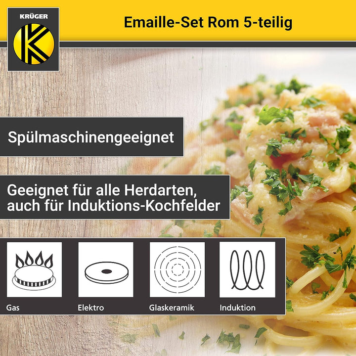 Krüger Emaille-Set Rom 5 teilig - Emaille-Topfset aus Fleischtopf, Stieltopf und Milchtopf - Töpfe m