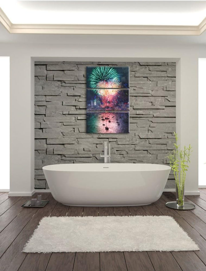 Pixxprint Boot auf See mit Feuerwerk Pinsel Effekt 3-Teiler Leinwandbild 120x80 Bild auf Leinwand