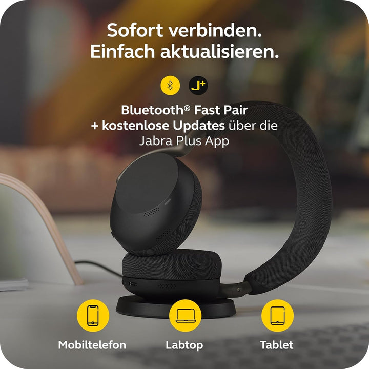 Jabra Evolve3 75 On-Ear Bluetooth Headset kabellos mit Mikrofon & Ladestation für Büro, USB-A, KI-Sp